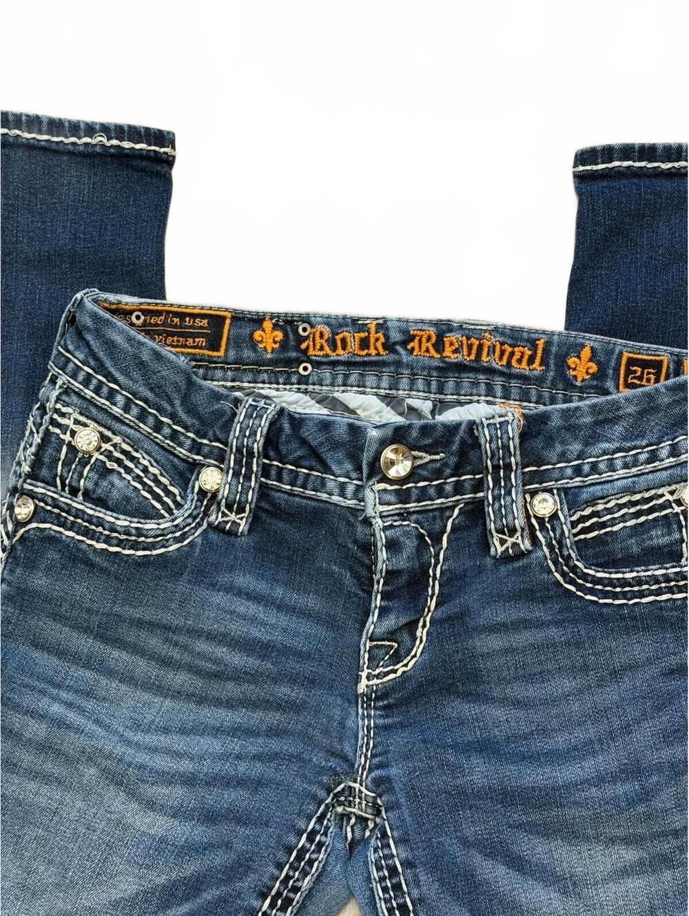 Rock Revival Lavinia Ankle Skinny Jeans 26 Flat Waist 14 Inseam 28 Thick Stitch